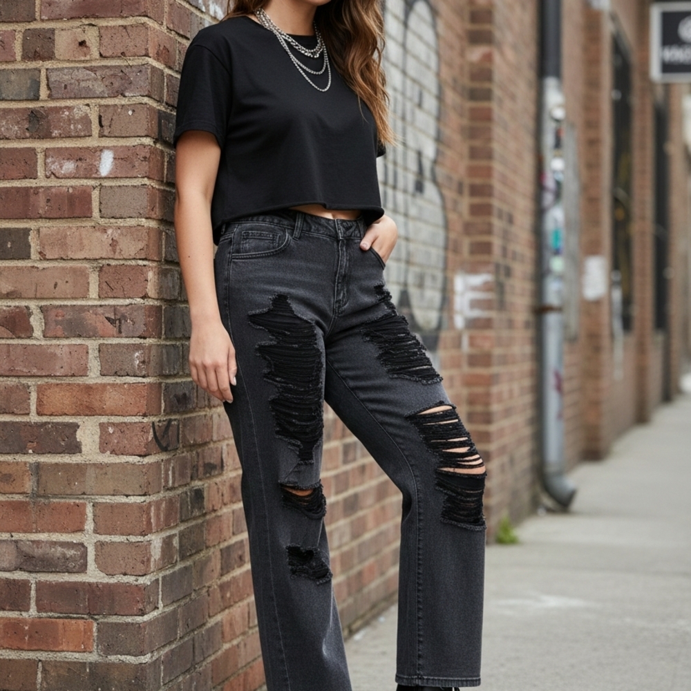 Stylish Black Distressed Wide Leg Jeans